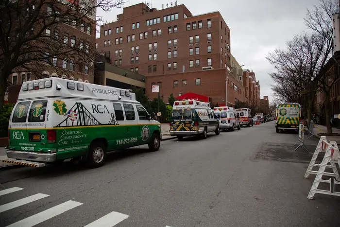 Numerous ambulances wait outside Methodist Hospital in Park Slope, Brooklyn